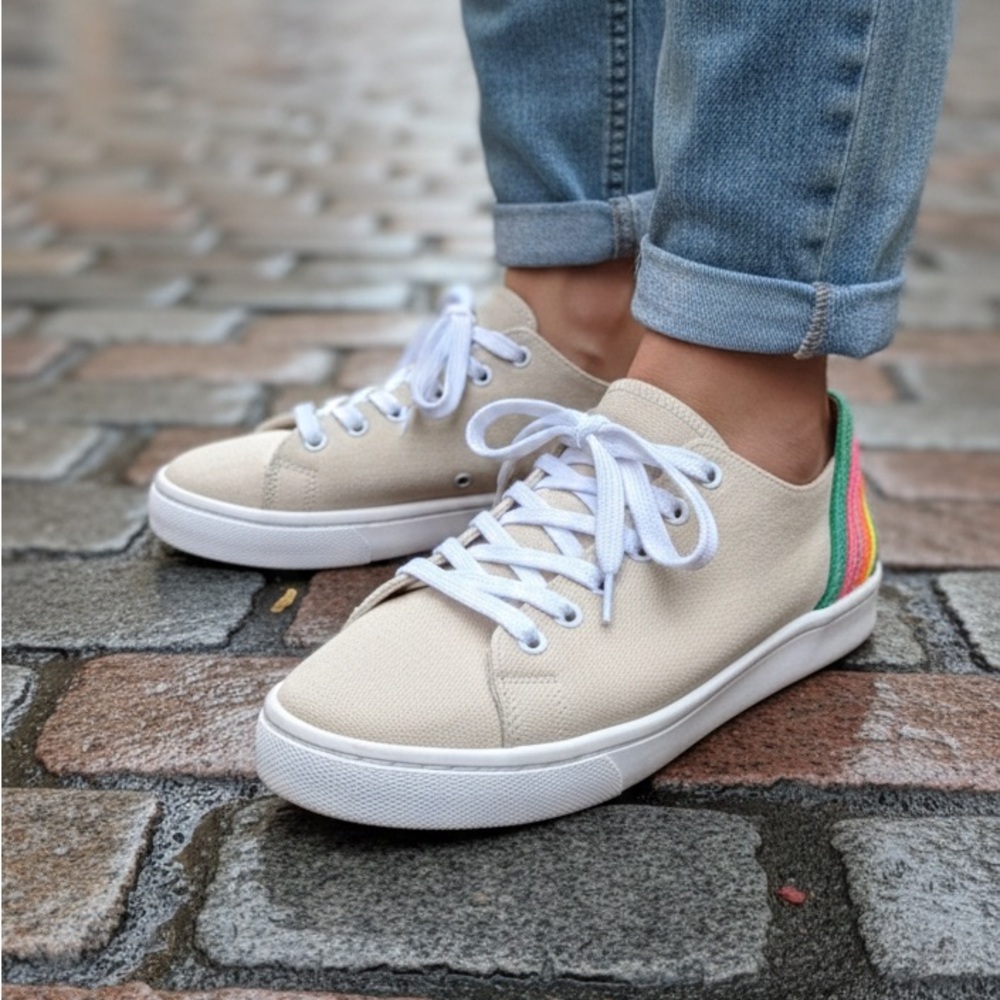 Schutz‎ Cleo Sneakers Womens 8 Natural/Rainbow Espadrille Canvas Lace Up Shoes